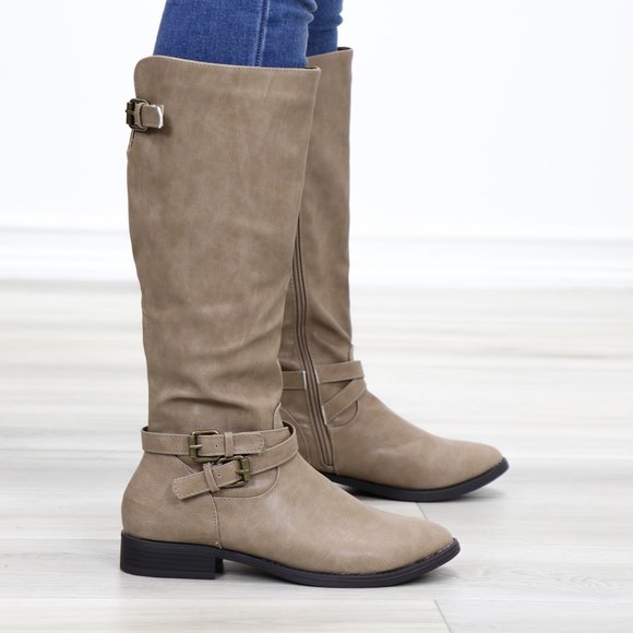 Taupe Rider Chick Mid Calf Boots With Buckles - Picture 6 of 11